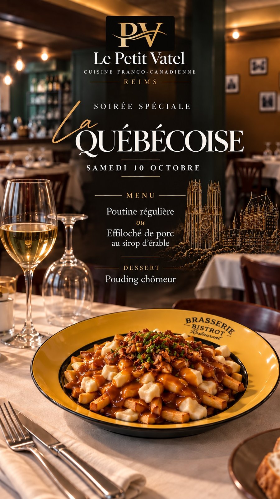 Soirée spéciale La Québécoise au Petit Vatel, samedi 10 octobre — poutine régulière ou effiloché de porc au sirop d'érable, dessert pouding chômeur